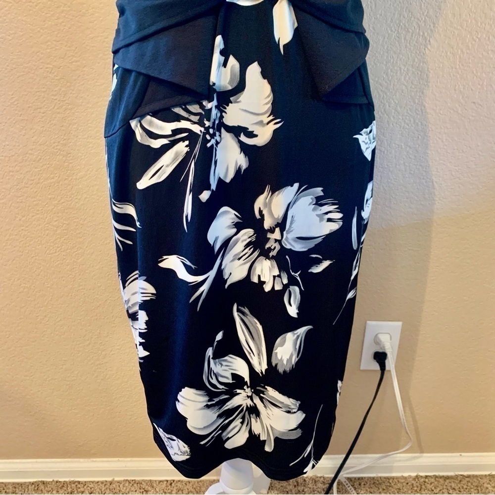 NWT VfEmage Dress Med Black White Floral Short Sleeve Black Bow at Waist Midi - Picture 4 of 16